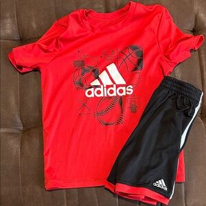 Adidas Red Graphic Tee and Black Shorts Set